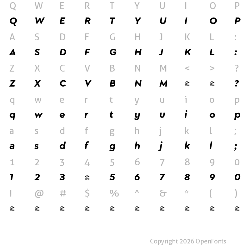 Character Map of FONTSPRING DEMO - Bold Italic Italic