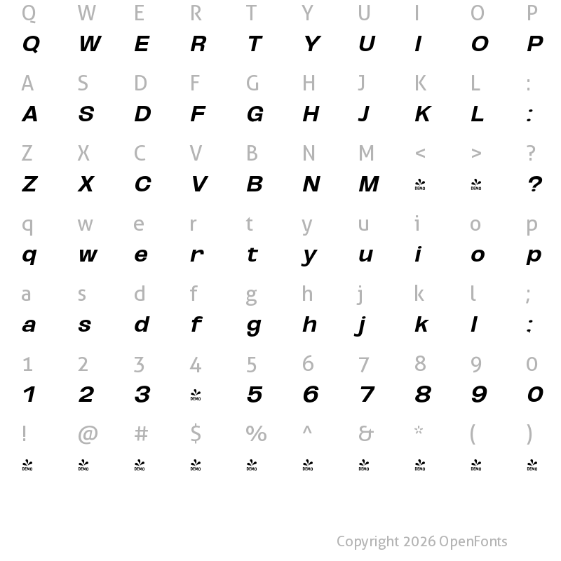 Character Map of FONTSPRING DEMO - Bold SemExp UtObli Italic
