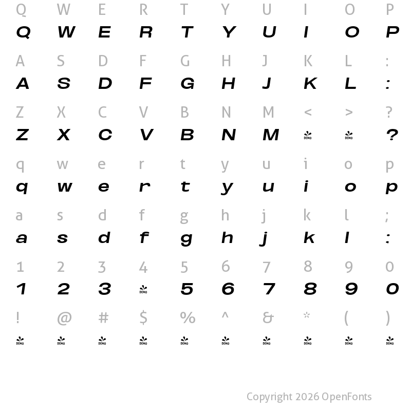 Character Map of FONTSPRING DEMO - Bold UltExp Obli Italic