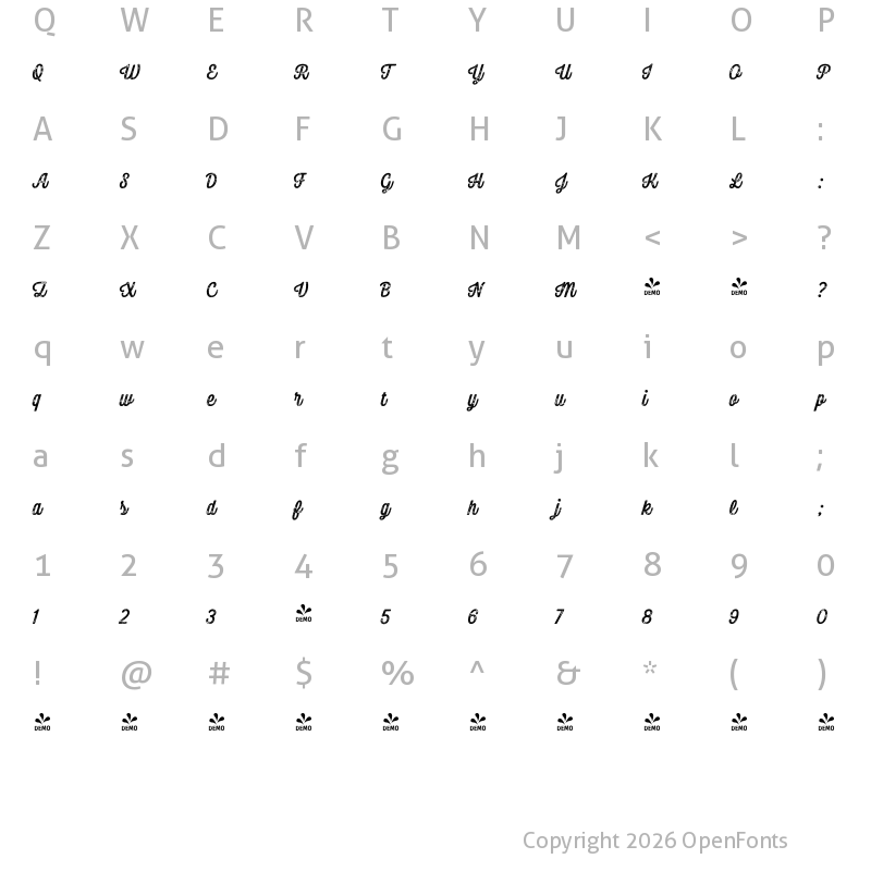 Character Map of FONTSPRING DEMO - Bolton Print Script Bold Regular