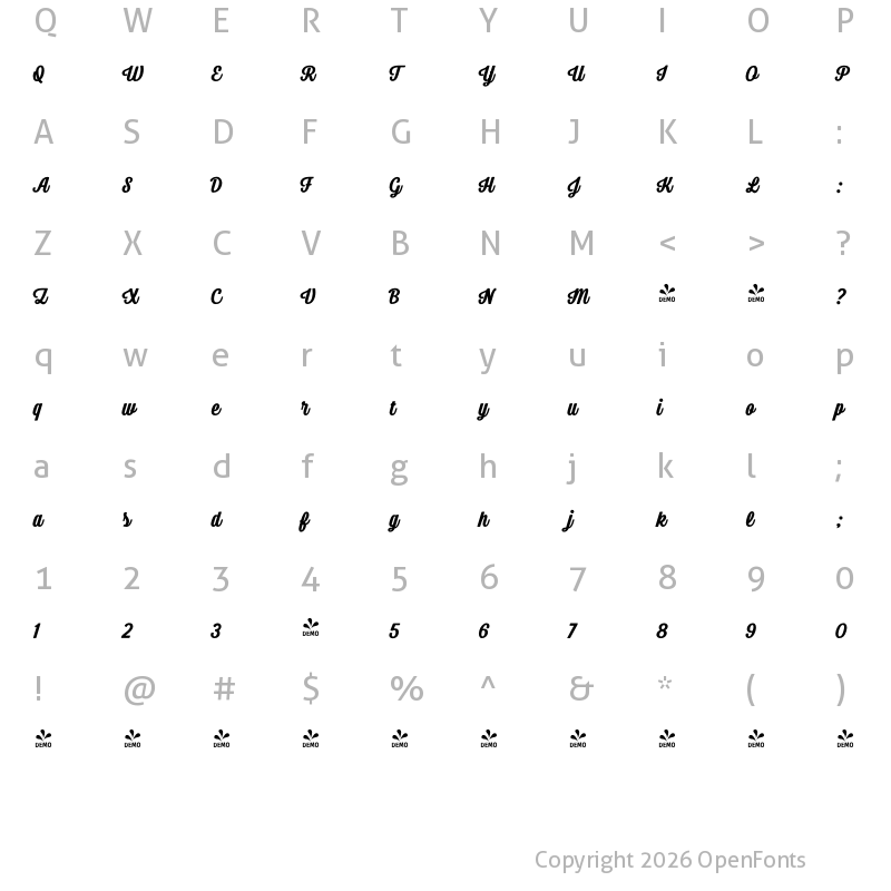 Character Map of FONTSPRING DEMO - Bolton Script Black Regular