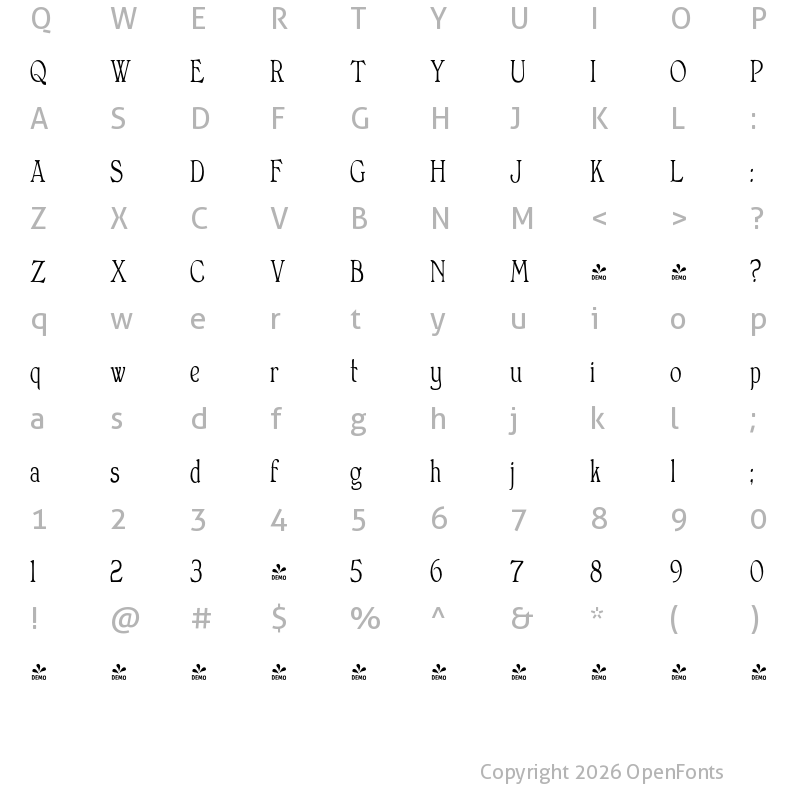 Character Map of FONTSPRING DEMO - Bonning Narrow Condensed Regular