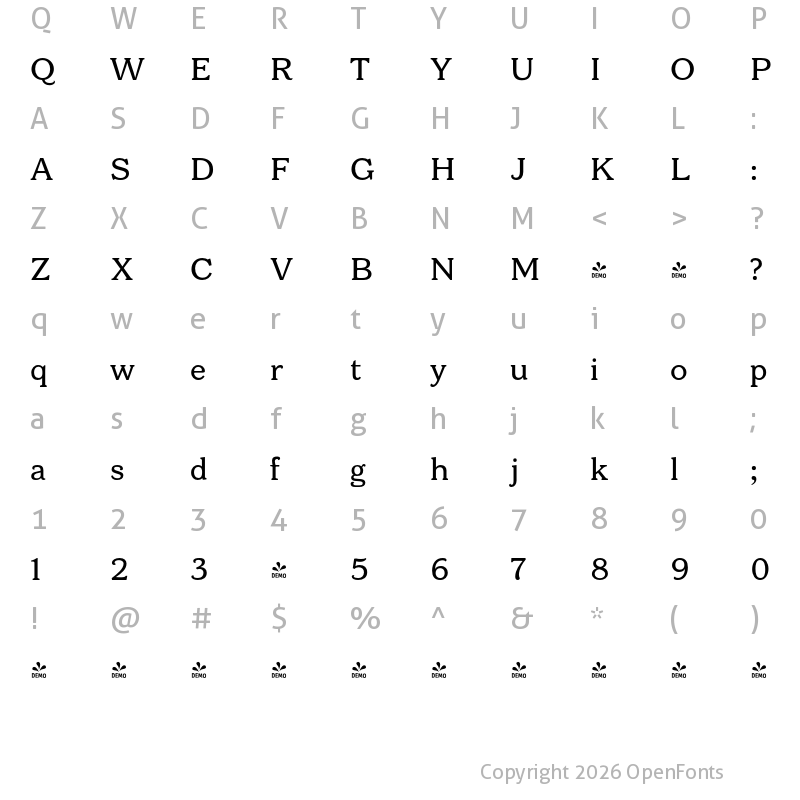 Character Map of FONTSPRING DEMO - Bonobo Rg Regular