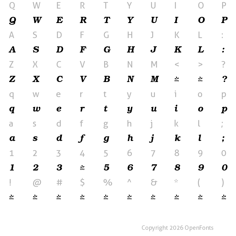 Character Map of FONTSPRING DEMO - Book PS Pro DemiBold Italic
