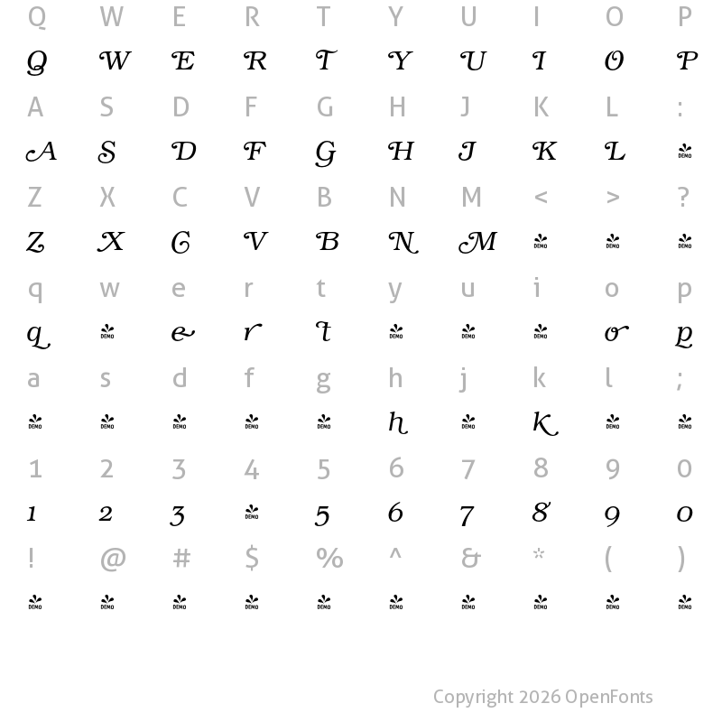 Character Map of FONTSPRING DEMO - Book Swash Light Italic