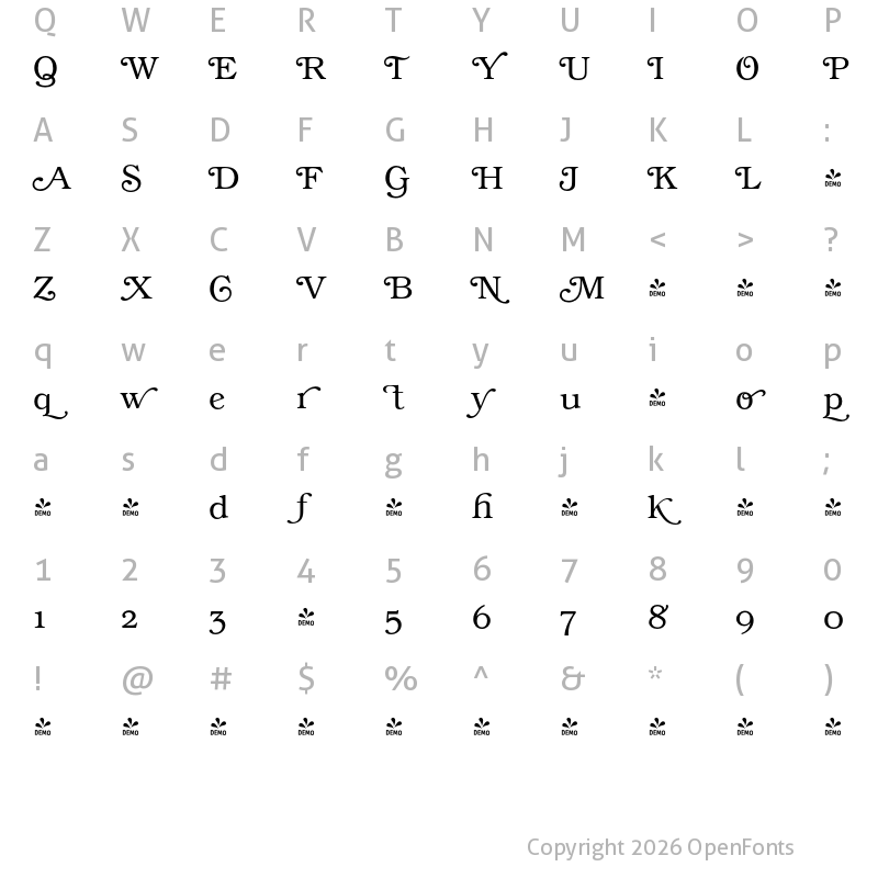 Character Map of FONTSPRING DEMO - Book Swash Light Regular