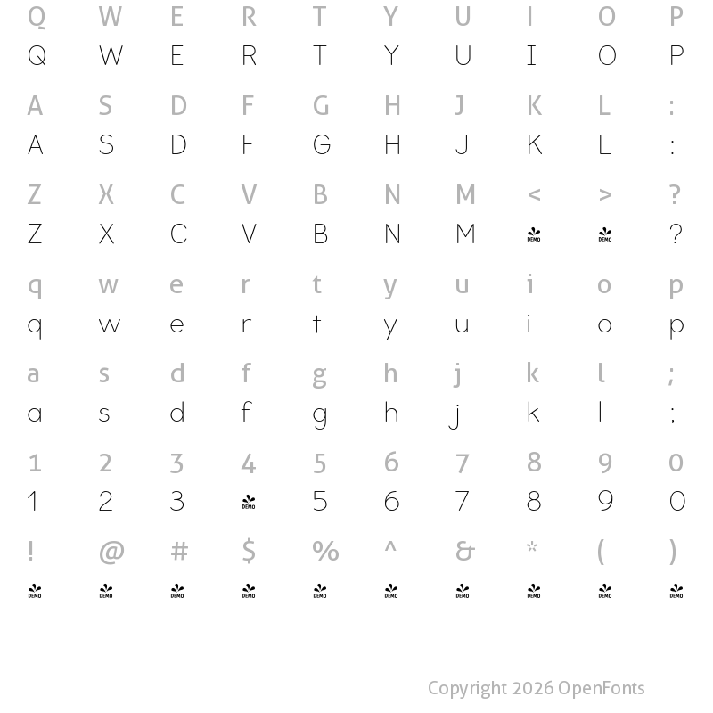 Character Map of FONTSPRING DEMO - Bookbag Light Regular