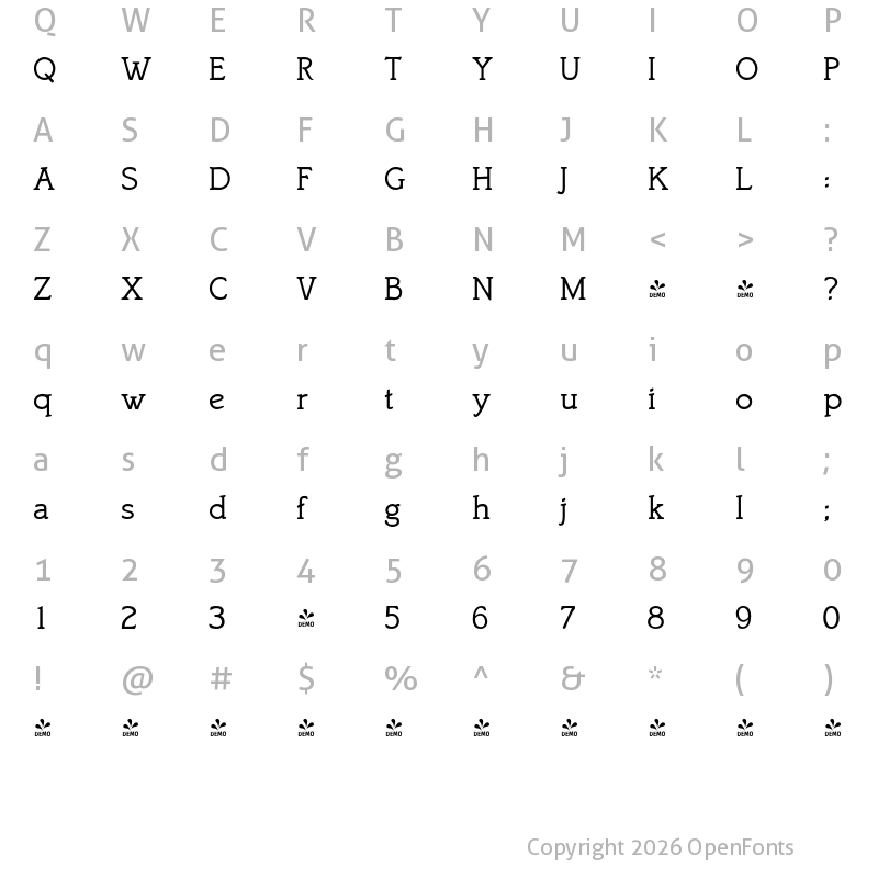 Character Map of FONTSPRING DEMO - Bookish Regular