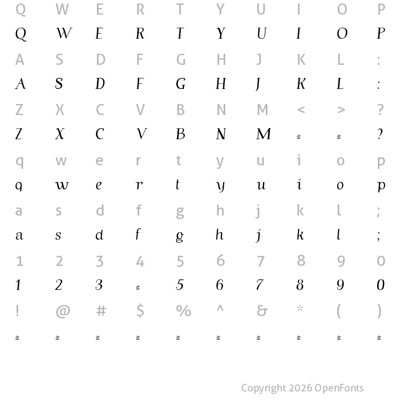 Character Map of FONTSPRING DEMO - Bors Thin Italic Italic