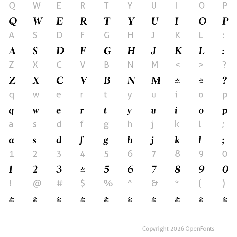 Character Map of FONTSPRING DEMO - Botany Text Italic