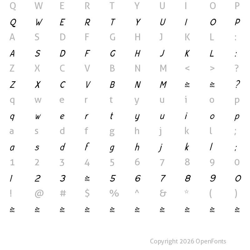 Character Map of FONTSPRING DEMO - Bourne Condensed Oblique Light Regular