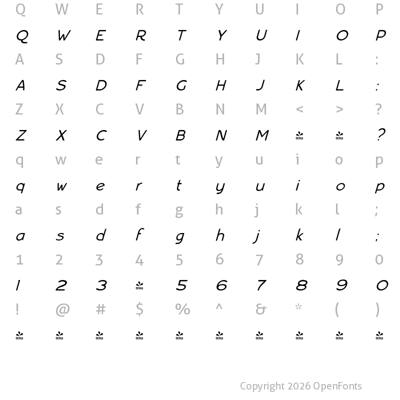 Character Map of FONTSPRING DEMO - Bourne Oblique Light Regular
