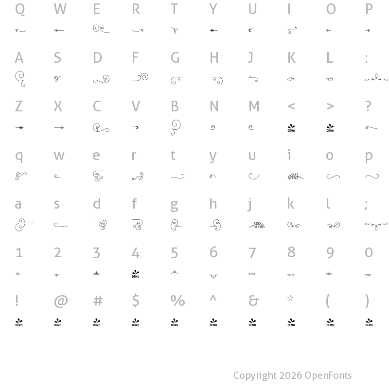 Character Map of FONTSPRING DEMO - Bourton Hand Extras Flourishes Regular