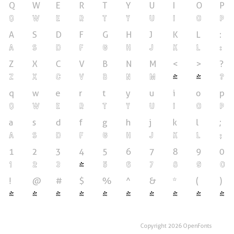 Character Map of FONTSPRING DEMO - Bourton Hand Outline Light Regular