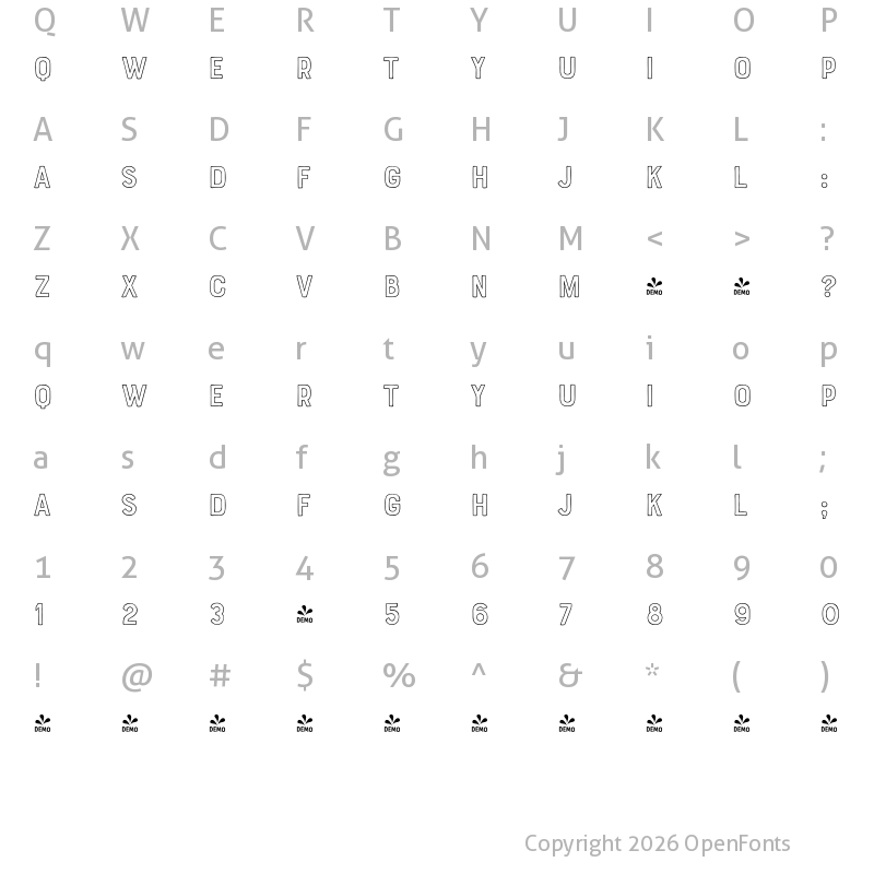 Character Map of FONTSPRING DEMO - Bourton Hand Outline Medium Regular