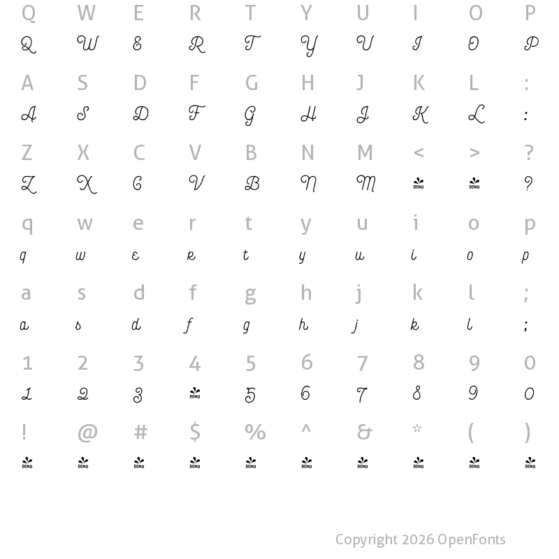 Character Map of FONTSPRING DEMO - Bourton Hand Script Bold Regular