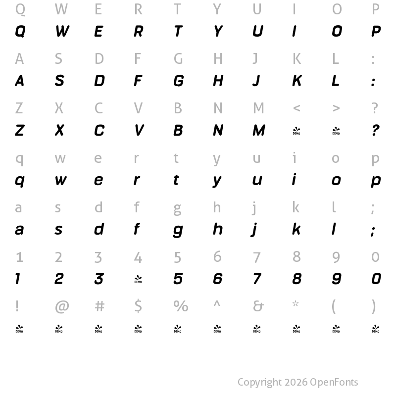 Character Map of FONTSPRING DEMO - Bourton Round Bold Italic