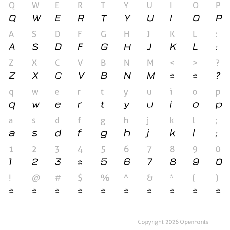 Character Map of FONTSPRING DEMO - Bourton Round Medium Wide Italic