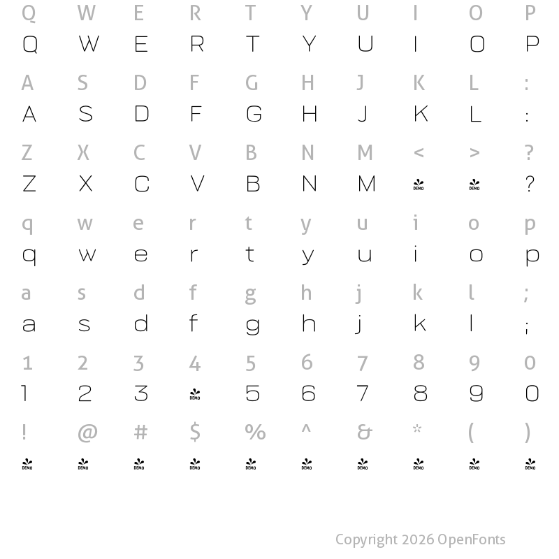 Character Map of FONTSPRING DEMO - Bourton Round Thin Wide Regular