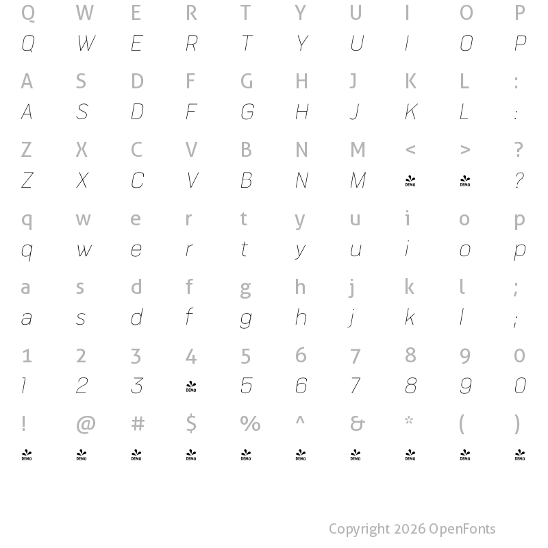 Character Map of FONTSPRING DEMO - Bourton Text Hairline Italic