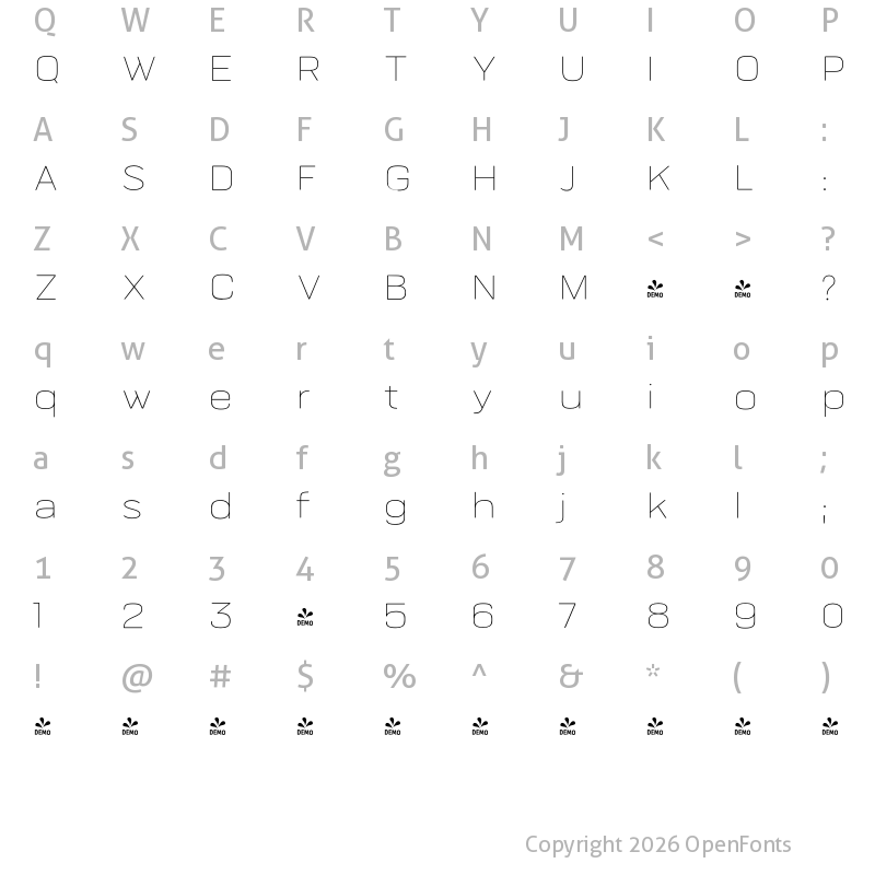 Character Map of FONTSPRING DEMO - Bourton Text Hairline Wide Regular
