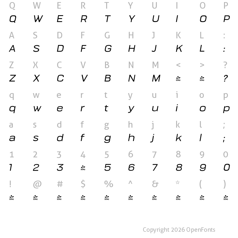 Character Map of FONTSPRING DEMO - Bourton Text Medium Wide Italic