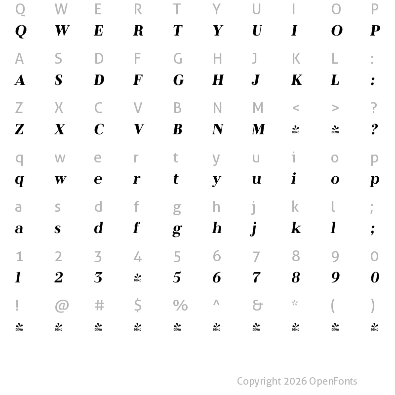 Character Map of FONTSPRING DEMO - Bowdon Italic