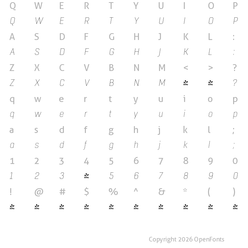 Character Map of FONTSPRING DEMO - Boxed Thin Italic