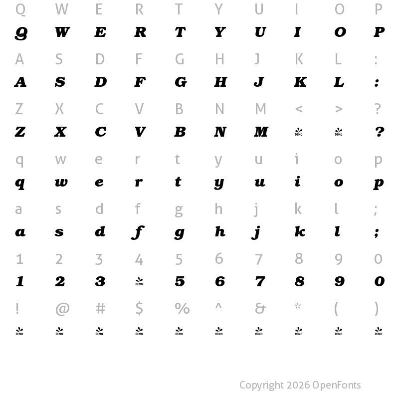 Character Map of FONTSPRING DEMO - Bozeman Bold Italic