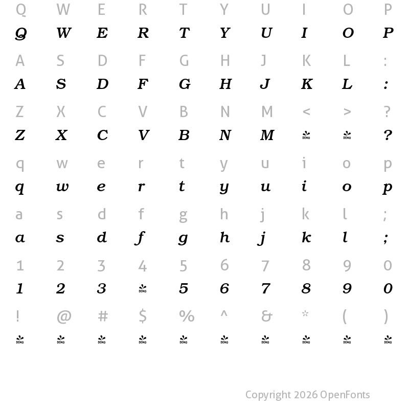 Character Map of FONTSPRING DEMO - Bozeman Italic