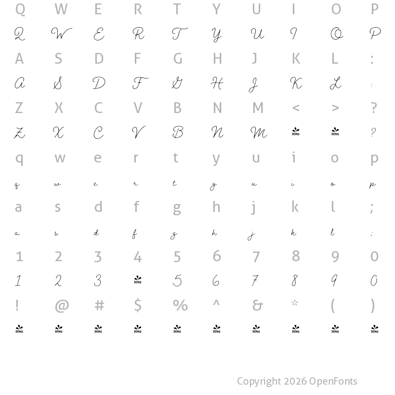 Character Map of FONTSPRING DEMO - Braisetto Thin Regular