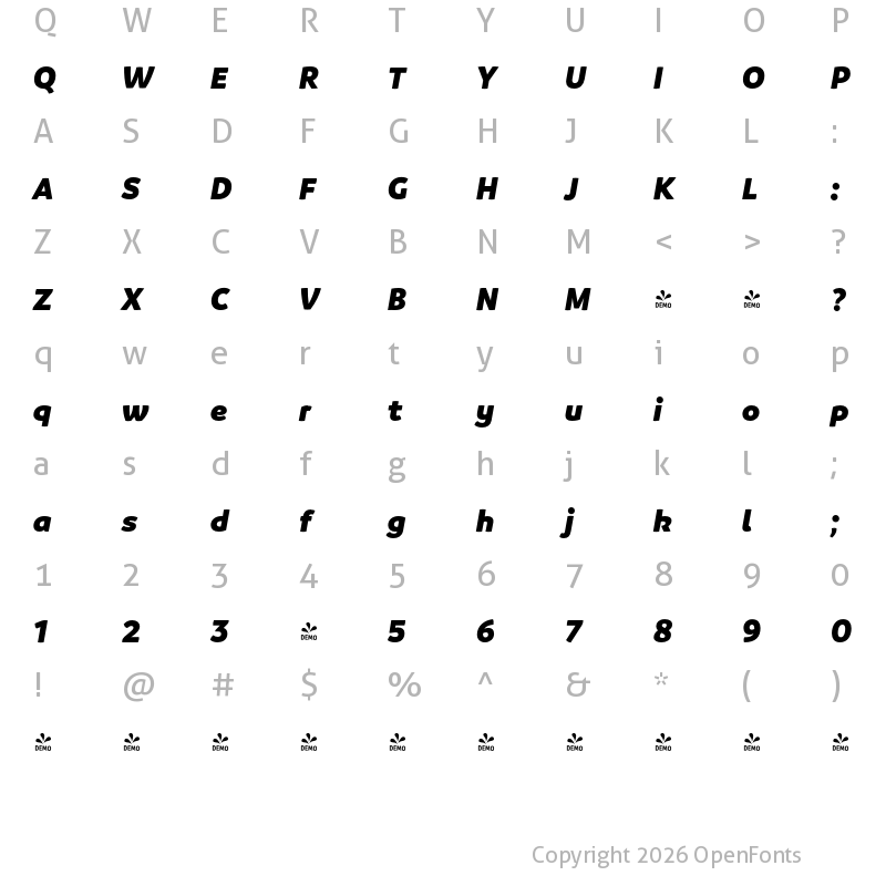 Character Map of FONTSPRING DEMO - Branding BlackItalic Regular