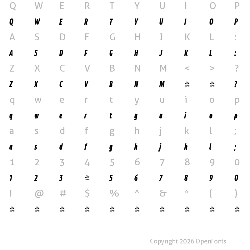 Character Map of FONTSPRING DEMO - Branding SF Cmp Black It Regular