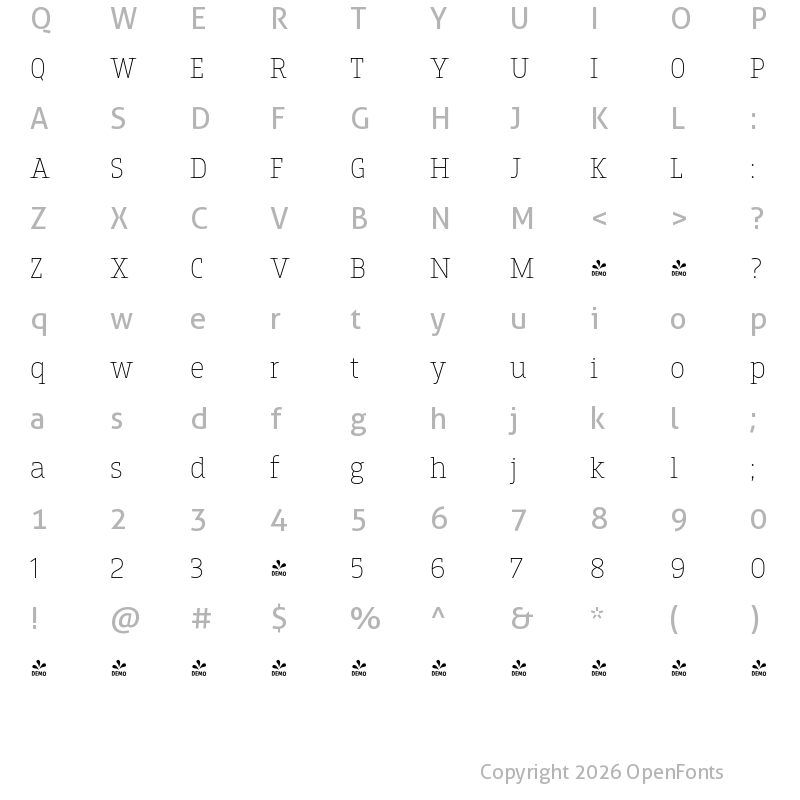 Character Map of FONTSPRING DEMO - Breakers Slab Thin Regular