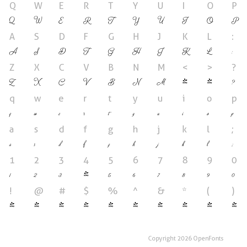 Character Map of FONTSPRING DEMO - Breakfast Script Reg Regular