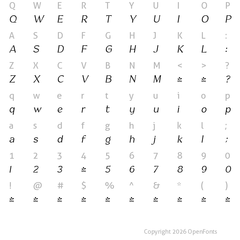 Character Map of FONTSPRING DEMO - Bridgest Italic
