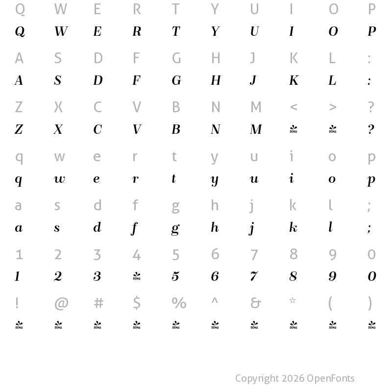 Character Map of FONTSPRING DEMO - Bridone Book Italic