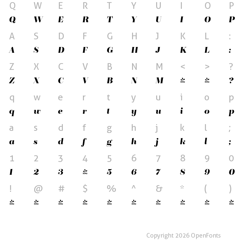 Character Map of FONTSPRING DEMO - BridoneTitling DemiBold Italic