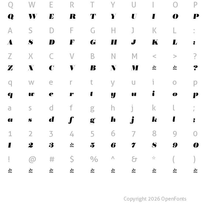 Character Map of FONTSPRING DEMO - BridoneTitling Heavy Italic