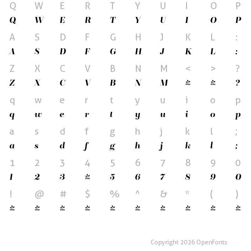 Character Map of FONTSPRING DEMO - BridoneTitling Italic