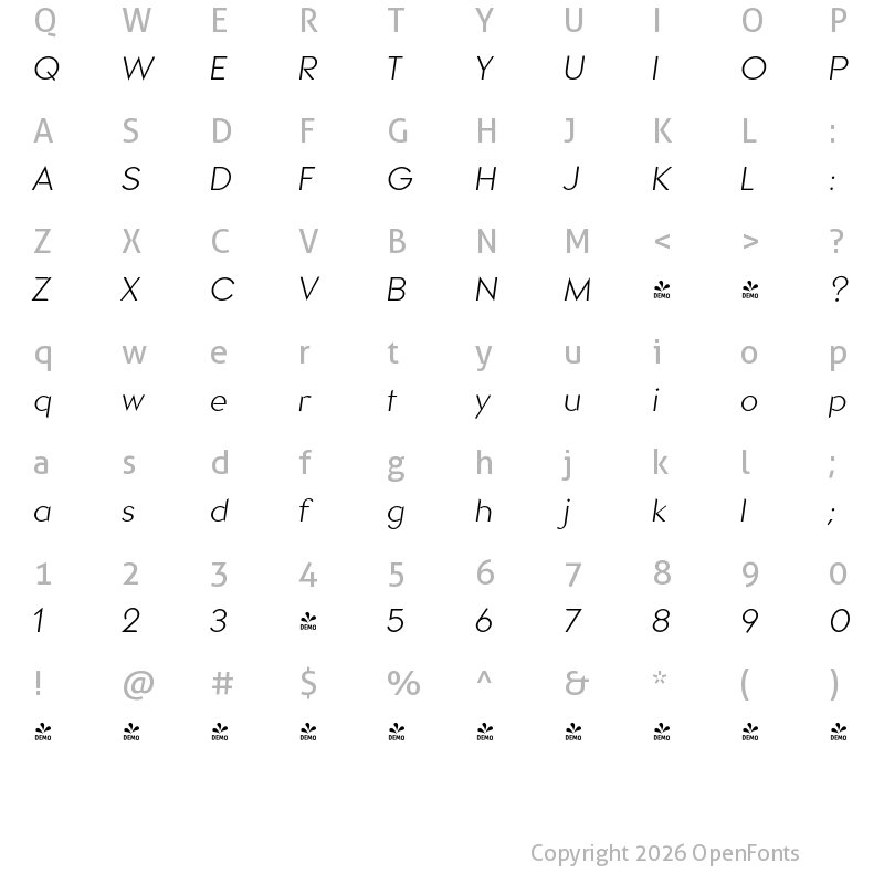 Character Map of FONTSPRING DEMO - Briery Light Italic