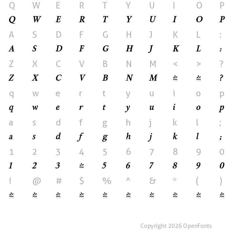Character Map of FONTSPRING DEMO - Brigade Bold Italic