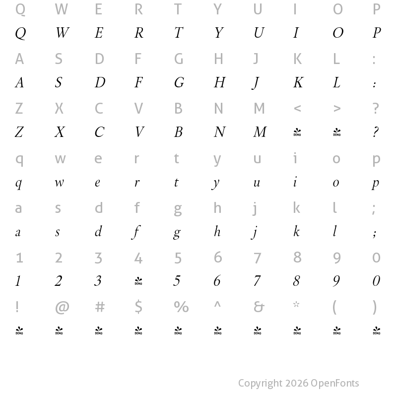 Character Map of FONTSPRING DEMO - Brigade Light Italic