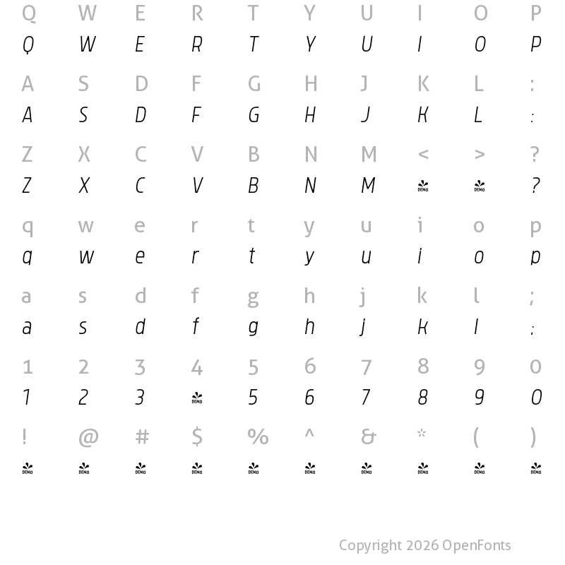 Character Map of FONTSPRING DEMO - Brilk Sans Light Italic