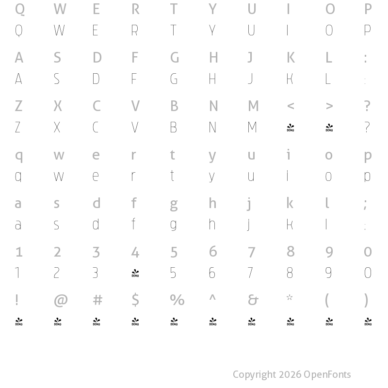 Character Map of FONTSPRING DEMO - Brilk Thin Regular