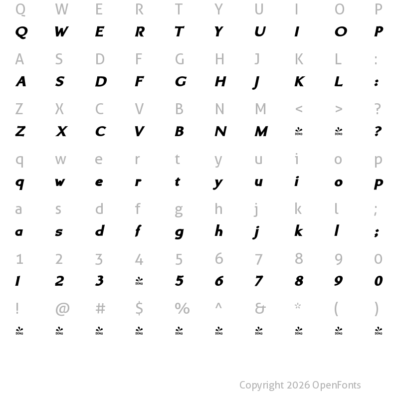 Character Map of FONTSPRING DEMO - Brinar Black Italic