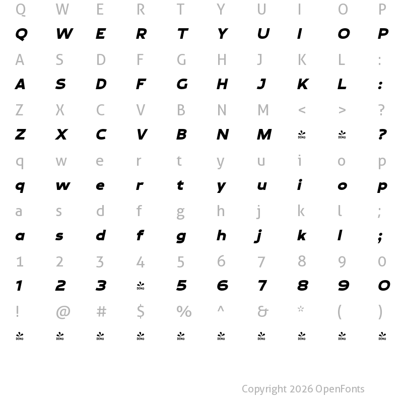 Character Map of FONTSPRING DEMO - Brinnan Black Italic