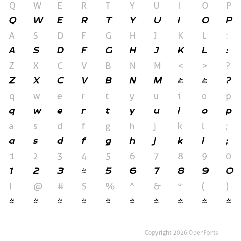 Character Map of FONTSPRING DEMO - Brinnan Bold Italic