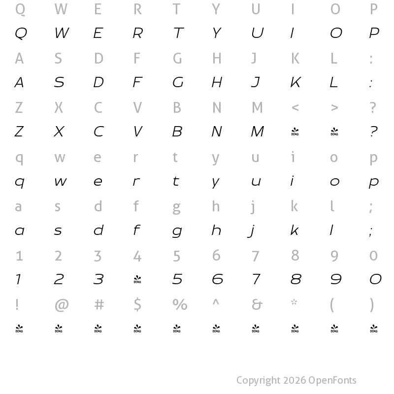Character Map of FONTSPRING DEMO - Brinnan Light Italic