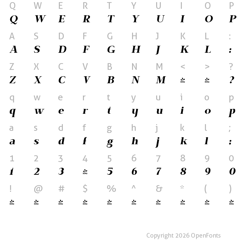 Character Map of FONTSPRING DEMO - BrixtonPro-CondensedBoldOblique Regular